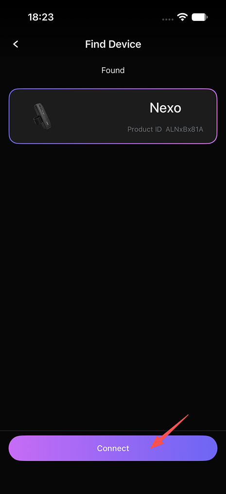 Find Device screen with Nexo selected and a red arrow pointing to the Connect button.