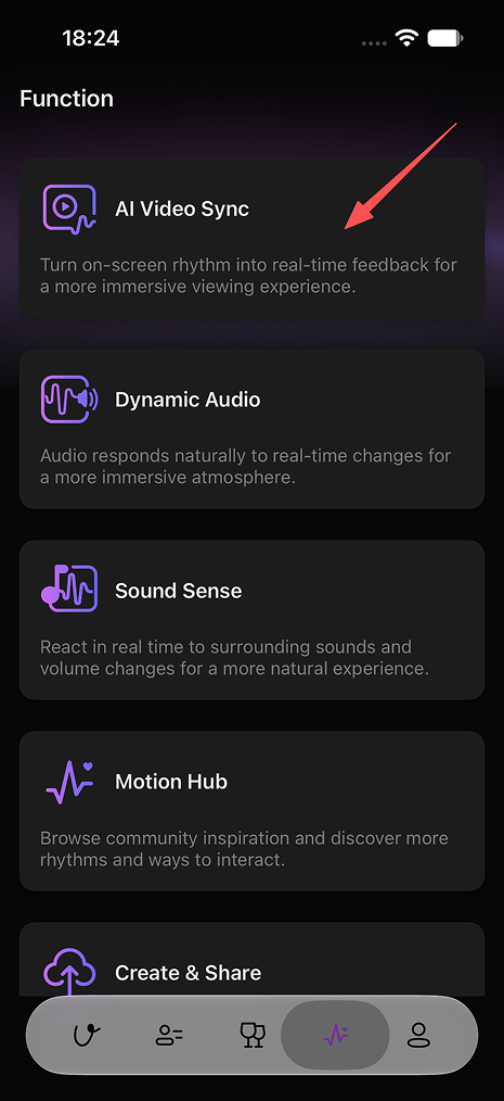 Umove Function screen, with a red arrow pointing to the AI Video Sync feature.