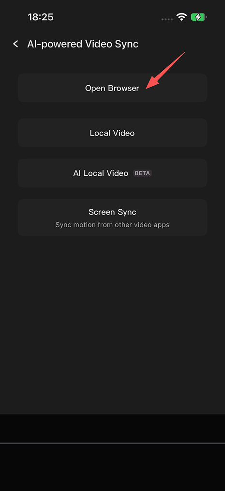 AI-powered Video Sync screen, with a red arrow pointing to Open Browser.