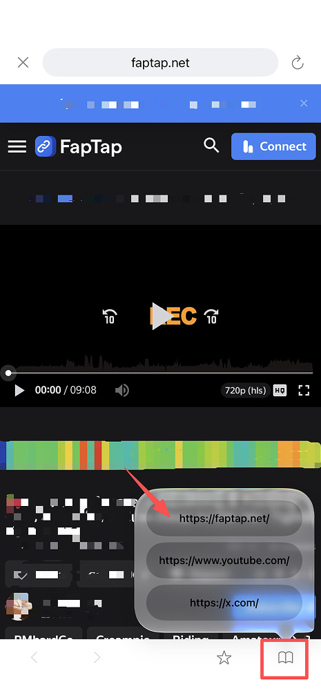 Umove built-in browser showing FapTap, with the bookmarks button outlined and an arrow pointing to the FapTap bookmark. Unrelated content is obscured.